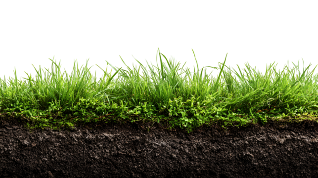 Lush green grass and dark soil cross section nature background