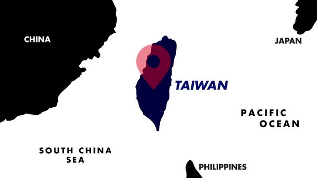 4K Animation of Taiwan highlighted with pulsing red location pin, surrounded by partial maps of China, Japan, and Philippines, with South China Sea and Pacific labeled