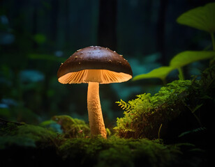 mushroom in the jungle, glowing mushroom in the night background, mushroom in the forest