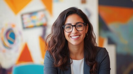 smiling young hispanic woman with glasses in modern office setting. professional business portrait with colorful abstract background. corporate identity, office decor.