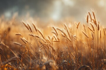 Wheat stalks gently swaying in a field under warm morning sunlight.