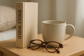 Fototapeta premium Cozy reading nook with a book, coffee cup, and glasses on a wooden table in a softly lit room