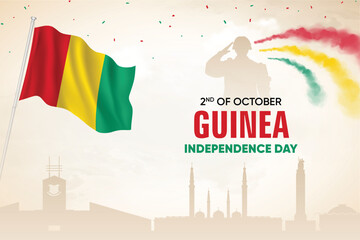Naklejka premium Guinea Flag Waving With Army Soldier and Air Show On Skyline Background. Independence Day Concept Design Vector Illustration.