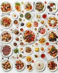 Top view of a festive white table with various dishes. A varied serving of meat, vegetables, salads, desserts and side dishes on a white background.