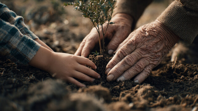 Generations united to plant a tree, symbolizing legacy, growth, and environmental care in a touching moment - Powered by Adobe