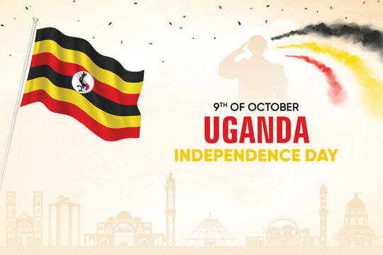Uganda Flag Waving With Army Soldier and Air Show On Skyline Background. Independence Day Concept Design Vector Illustration. - Powered by Adobe
