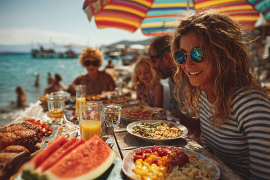 Italian family enjoying Ferragosto picnic at the beach, parents and children laughing together, colorful umbrella, packed lunch with watermelon and pasta salad, blue sea in the background