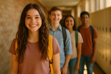 Confident smiling student leading group of diverse classmates in school hallway