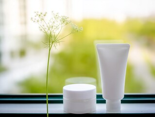 Elegant skincare product presentation featuring white containers against a blurred green background