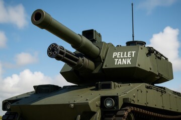 Close up view of a modern olive green pellet tank with a Gatling gun against a blue sky with clouds