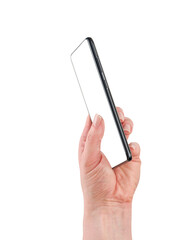 Female hand holding smartphone with blank screen isolated on white background with clipping path. Top view. Design element