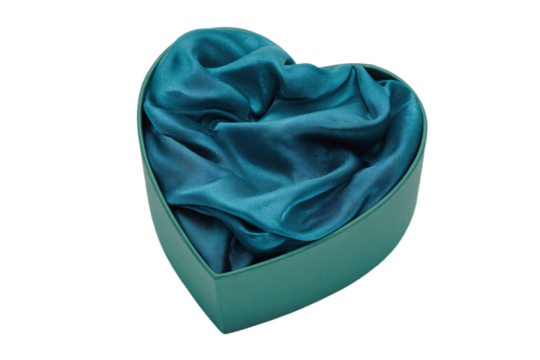 a heart shaped box with a blue silk scarf inside