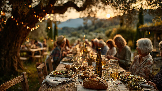 Ferragosto celebration in the Italian countryside, large table set under olive trees, family and friends eating traditional food, warm golden light, relaxed and happy expressions, rural landscape. 