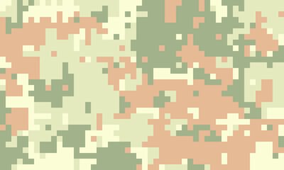 Fototapeta premium Abstract pixelated camouflage pattern in muted earth tones. Ideal for backgrounds, textures, or design elements conveying themes of concealment, strategy, or military aesthetics.