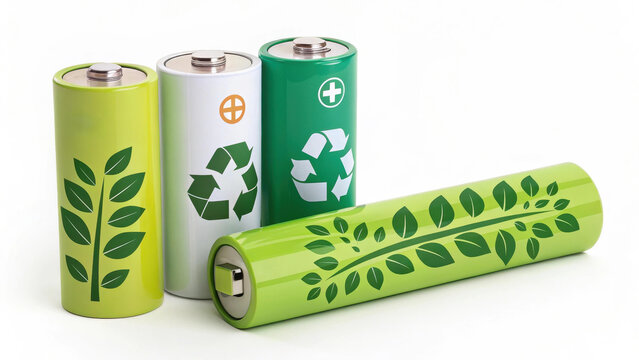 Batteries with recycling markings illustrate concern for the environment. A suitable visual for the themes of green energy and conscious consumption.