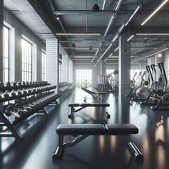 Fototapeta premium Modern Industrial Gym Interior with Dumbbells & Weight Benches – Empty Fitness Studio 3D Render