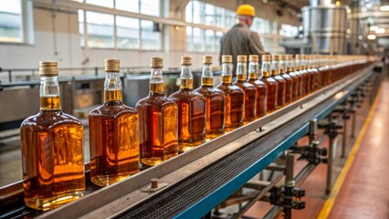 Distillery at the moment of bottling a strong drink. Clean glass and golden whiskey create an atmosphere of quality. Suitable for themes of bars, restaurants and production.