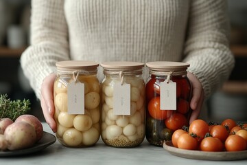 A woman is holding three jars of food, including pickles, and a plate of tomatoes. The jars are labeled with tags, and the woman is wearing a white sweater