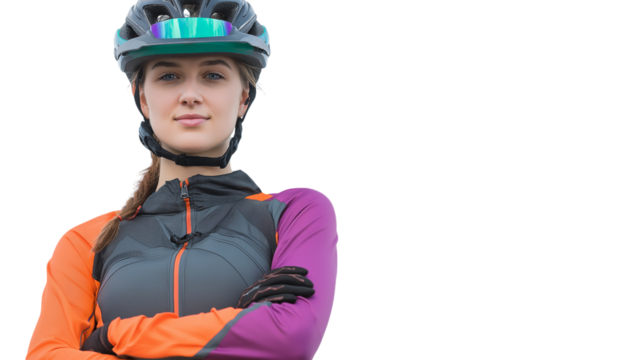 Confident Female Cyclist in Helmet and Sports Jacket Isolated