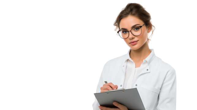 Confident Female Doctor Holding Clipboard and Smiling - Powered by Adobe