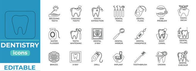 Editable dentistry icons for clinics, apps, and medical presentations