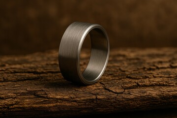 Brushed titanium ring with polished edges rests on a textured wooden surface