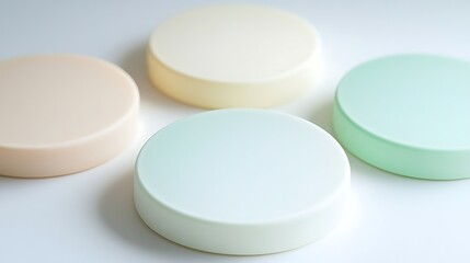 Pastel podiums display, product showcase stands in green, cream, and beige colors.