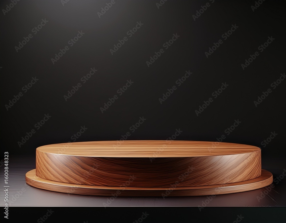 Fototapete wood podium or pedestal display on dark background with round platform blank product shelf standing backdrop 3d rendering