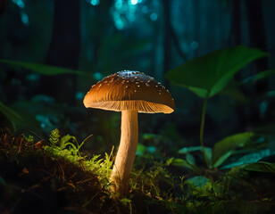 mushroom in the jungle, glowing mushroom in the night background, mushroom in the forest