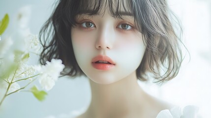 Beautiful young Asian woman with stylish bob haircut posing with flowers in soft light