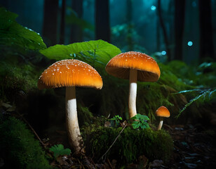 mushroom in the jungle, glowing mushroom in the night background, mushroom in the forest