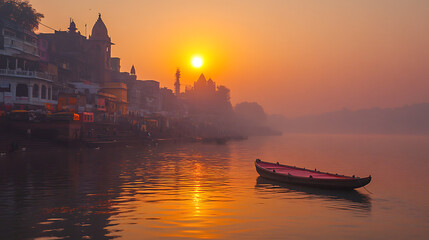 Fototapeta premium An unforgettable sunrise over the Ganges midjourney through India 