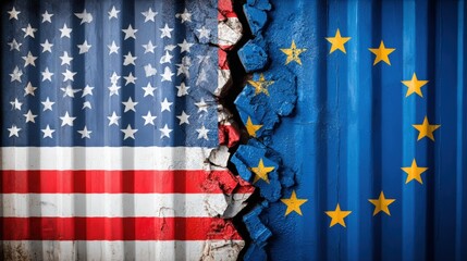 Cracked Wall between United States and European Union Flags Concept
