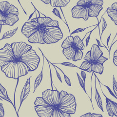 Seamless floral vector vintage retro ink line handmade for design elements, decor, textiles, greeting cards, flowers to print on beige background