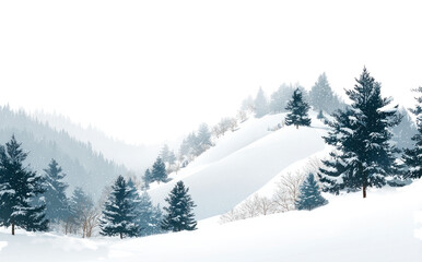 Naklejka premium Snowy mountain range with pine trees. A serene winter landscape
