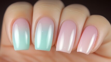 Gradient pastel nail art design on woman's hand featuring pink, blue, and green colors