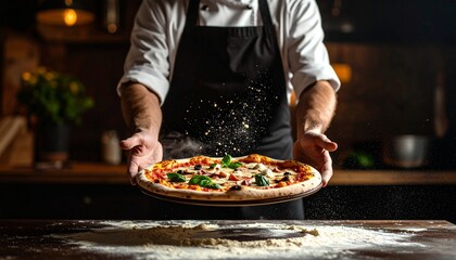 Pizza maker proudly holding a freshly made, delicious pizza with vibrant toppings, showcasing culinary skill and passion in a warm, rustic kitchen setting with inviting, cinematic lighting
