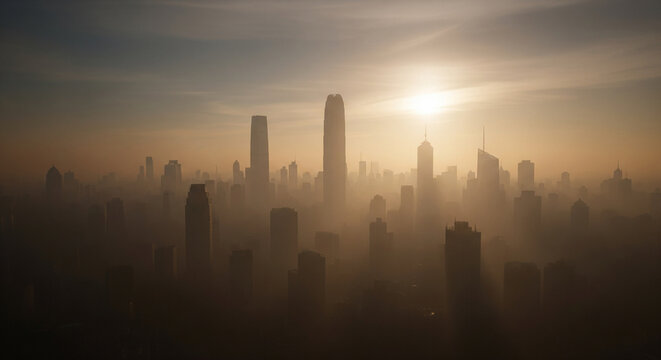highly polluted modern skyline with thick smog and fading sun in wide 16:9 format