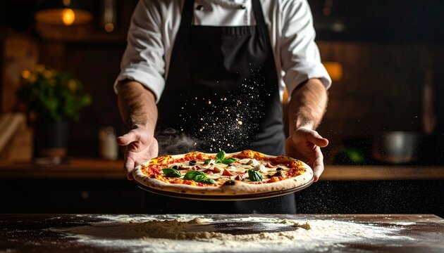 Pizza maker proudly holding a freshly made, delicious pizza with vibrant toppings, showcasing culinary skill and passion in a warm, rustic kitchen setting with inviting, cinematic lighting