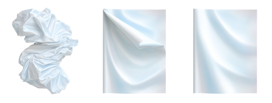Three panels of draped, light-blue fabric