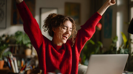 Awoman in red sweater raising arms in excitement at desk