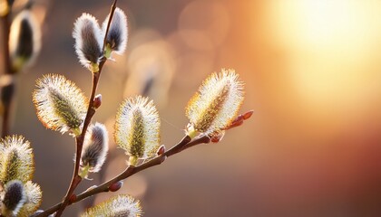 selective soft focus willow salix caprea bud twigs on blur natural backgrownd