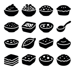 Food silhouette icon set: soup, salad, pie, pudding, spoon, loaf, dumpling, layered cake, beans