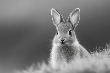Fototapeta premium curious rabbit peers out from tuft of grass its silhouette against blurred natural backdrop