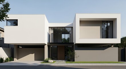 Modern home architecture featuring geometric shapes, clean lines, minimalist exterior design with lush greenery enhancing curb appeal.