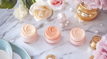 Face cream assortment with roses and pearls on marble background for skincare routine and beauty