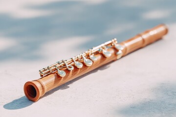 Naklejka premium lone wooden flute lies on clean white surface casting soft shadow surrounded by vast copy space