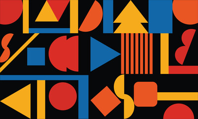 Colorful Geometric Shape Collection – Abstract Triangles, Circles, Squares and Diamonds on Black Background in Flat Style