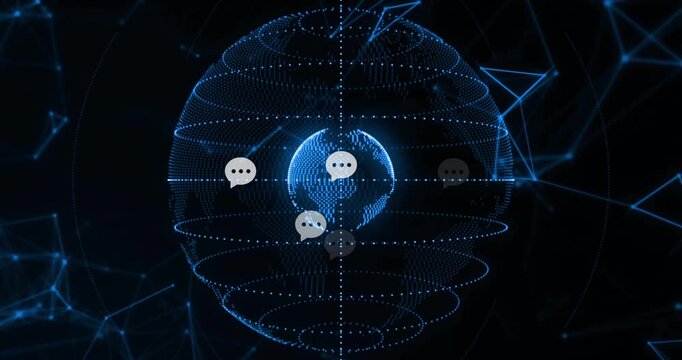 Fading in view 3D dotted globe rotating, chat bubbles appearing then fading showing global network