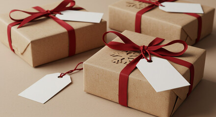 Festive holiday presents wrapped in brown kraft paper with red ribbons and blank tags, ready for celebration.